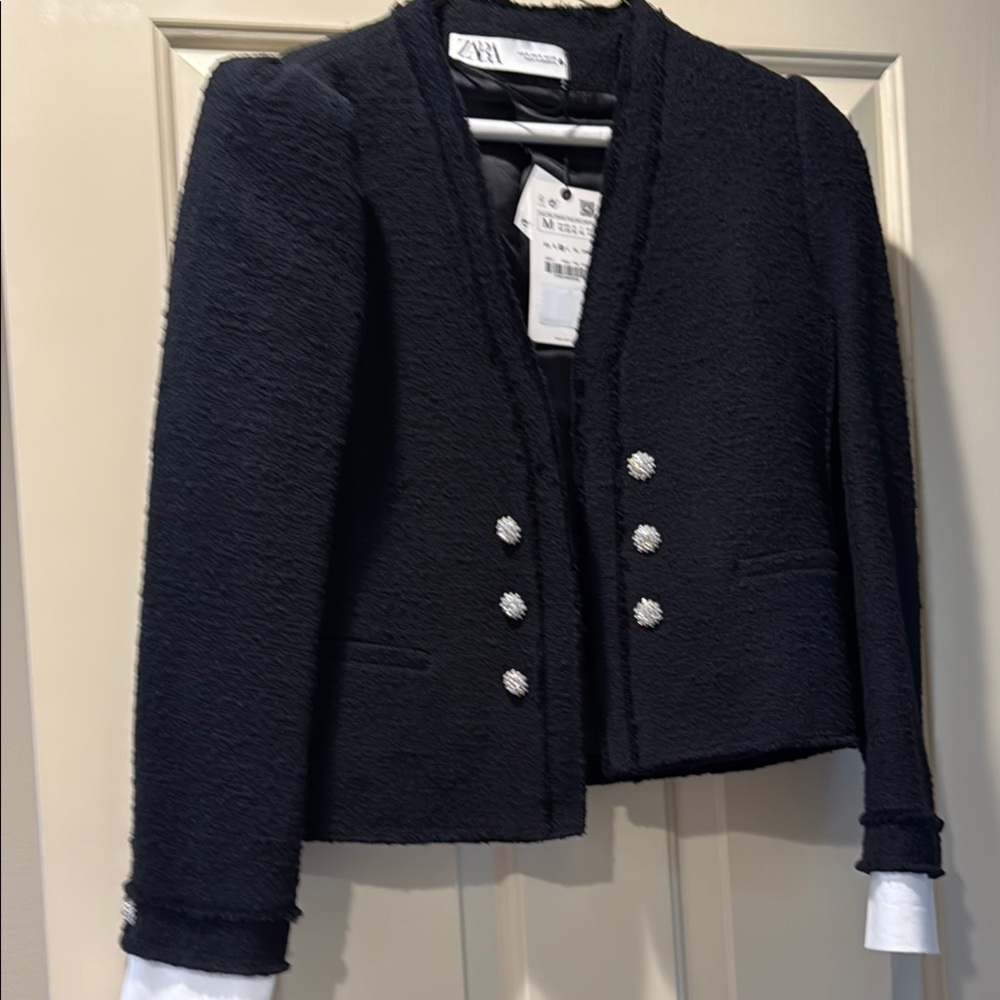 Zara Black Tailored Blazer with Textured Tweed